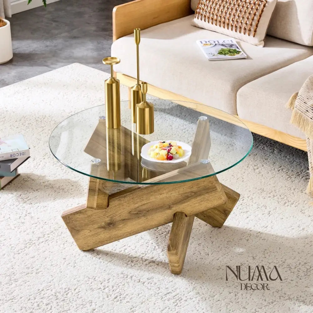 Delta | Mesa de cristal templado y base de madera