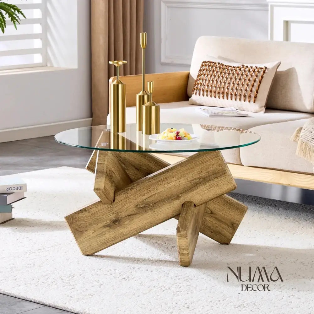 Delta | Mesa de cristal templado y base de madera