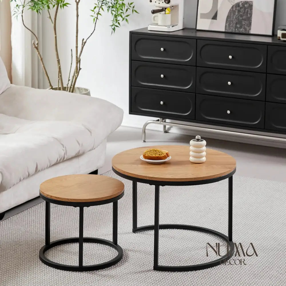 Lia | Mesas tipo nido redondas en madera y metal Claro